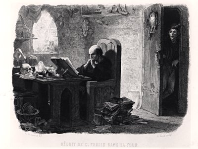 كلود فرولو في الغرفة الصغيرة بالبرج ، رسم توضيحي من "نوتردام دو باريس" (1831) بواسطة فيكتور هوغو (1802-1885) ، منقوش بواسطة أوغست فرانسوا غارنييه ، 1844 بواسطة فرانسوا جوزيف آيم دي ليمود